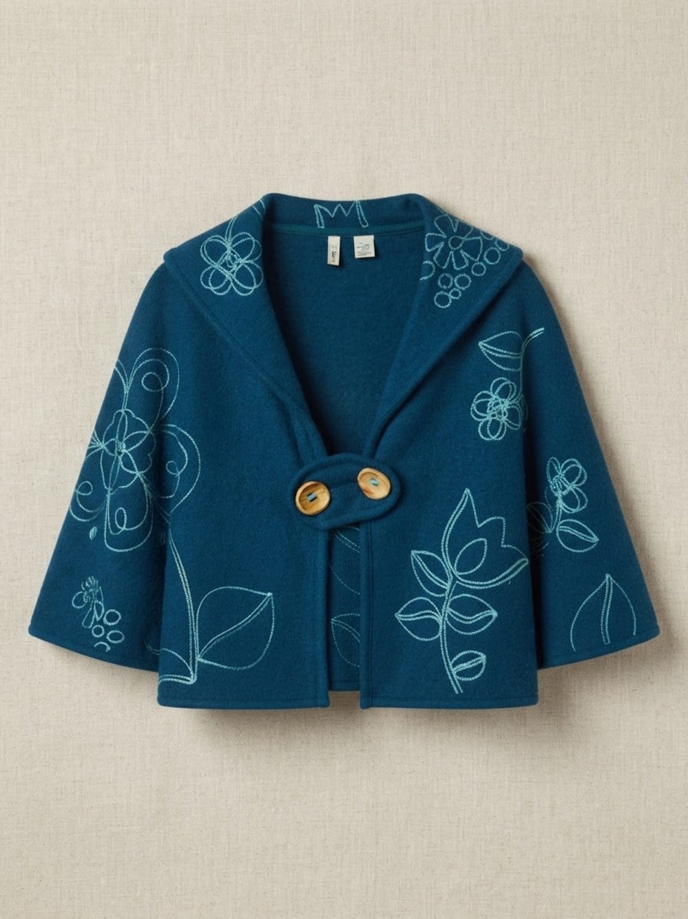 Anthropologie Moth Blue Embroidered 100% Wool Cape Jacket Size M